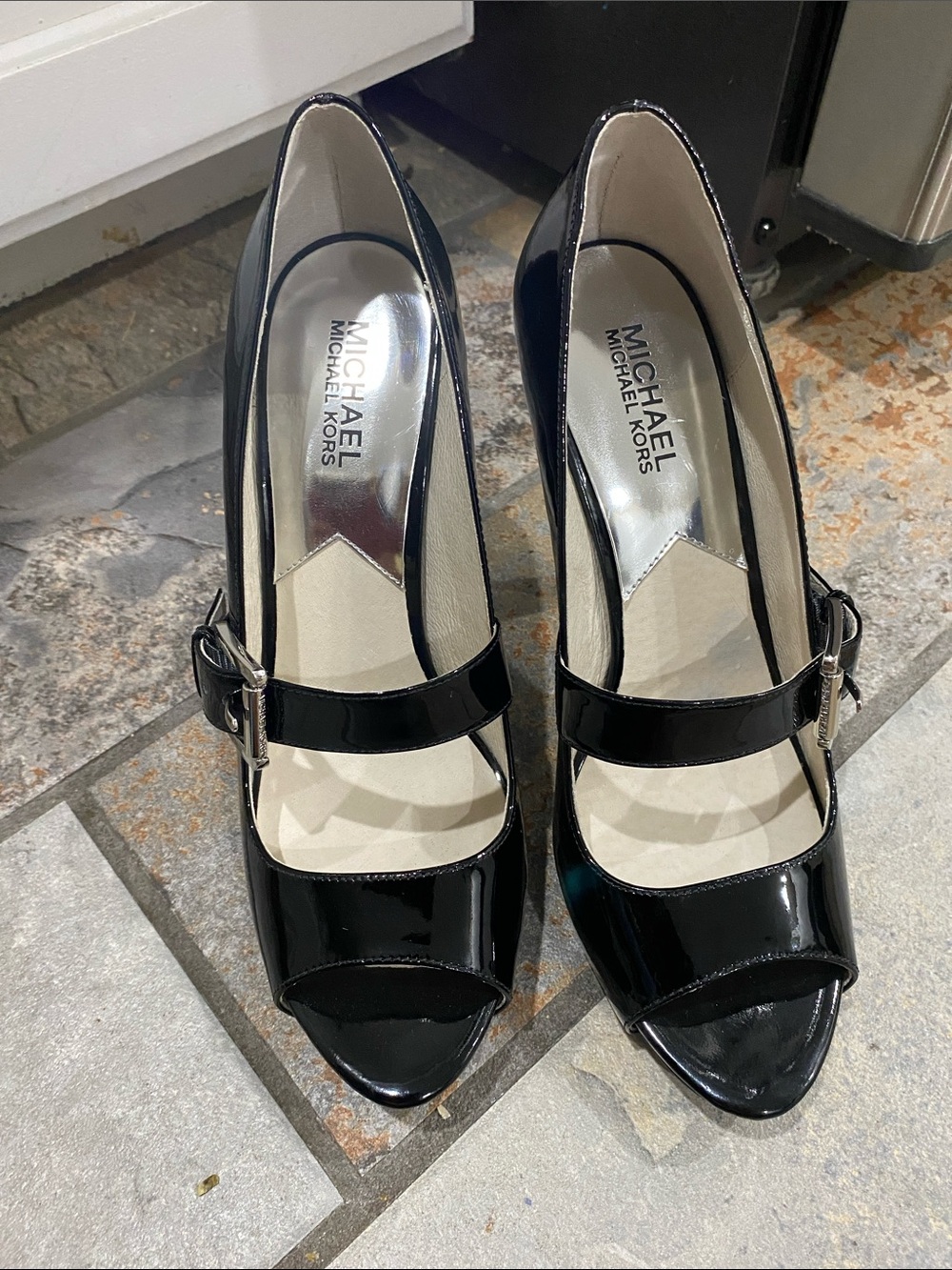 Michael Kors Black Patent Peep-Toe Mary Jane Heels. Sz. 8 1/2